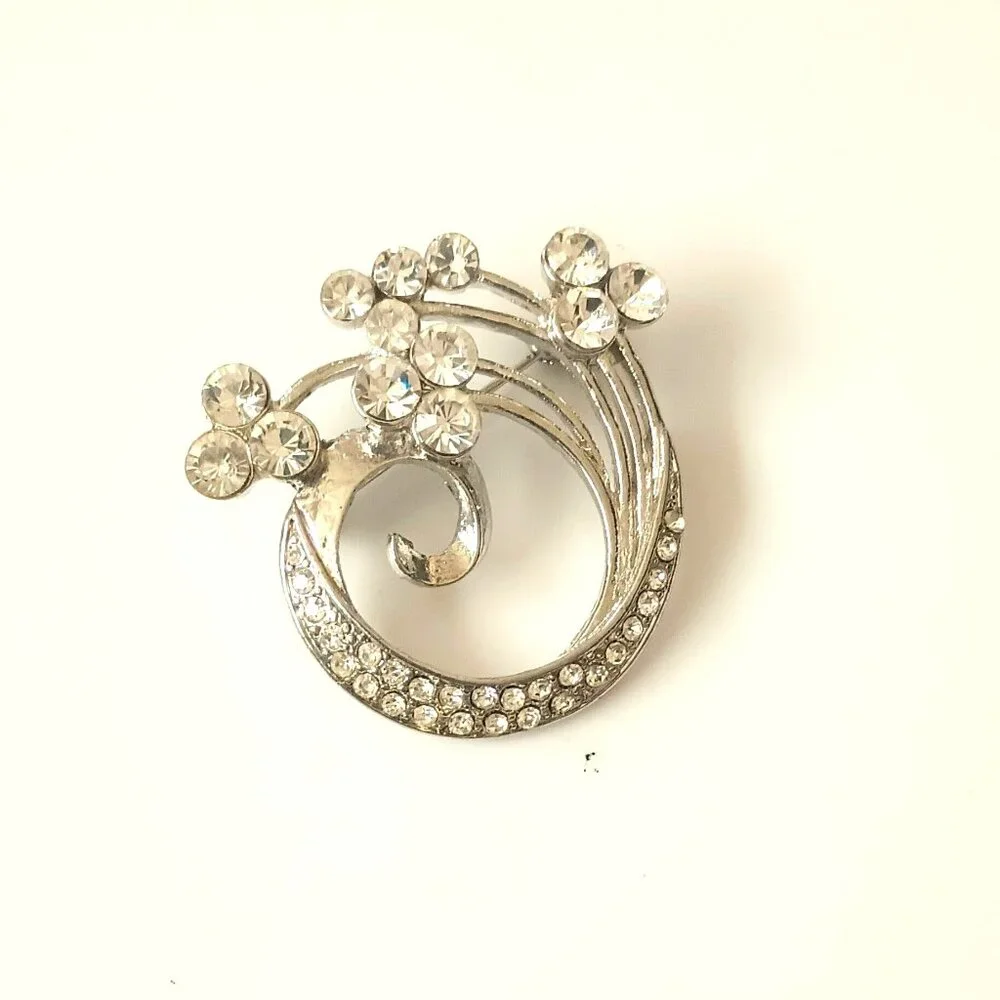 Vintage Floral Swirl Pave Brooch Silver Tone Clear Stone Sparkle Pin Jewelry